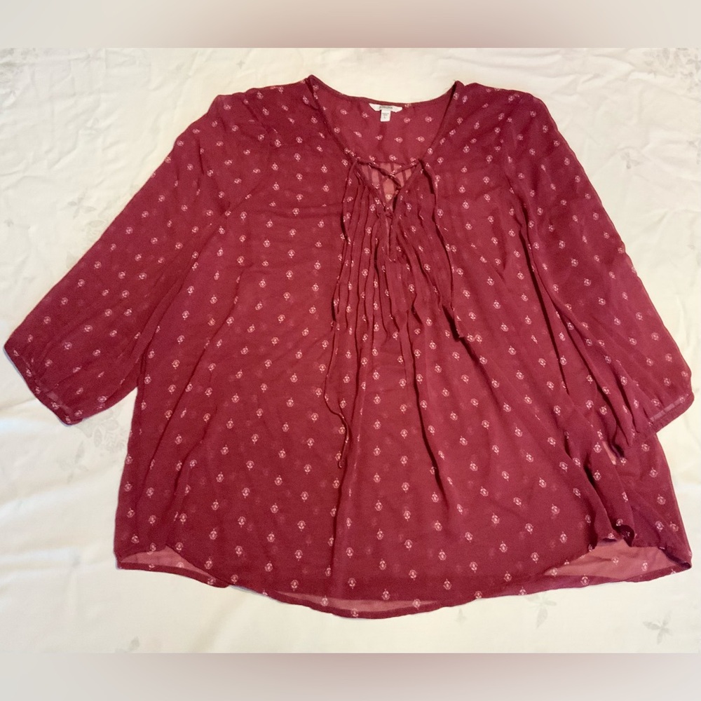 Sonoma Semi-Sheer Tunic Top in Dark Red w/ floral detail